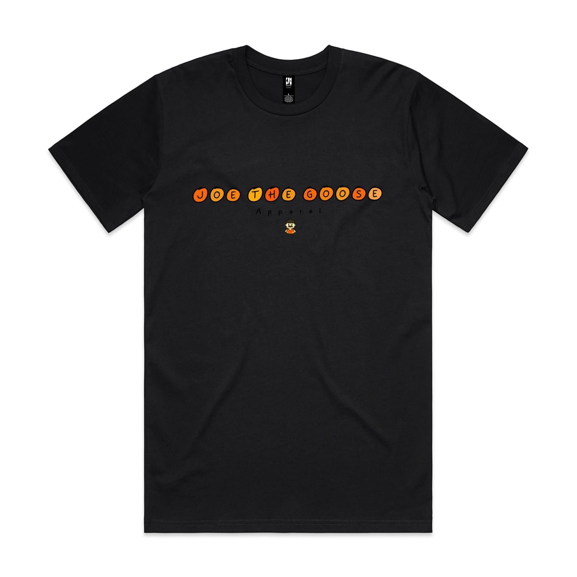 Joe the Goose Apparel black 100% combed cotton classic fit t-shirt with orange circular text logo and small goose graphic.