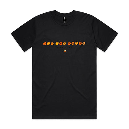 Joe the Goose Apparel black 100% combed cotton classic fit t-shirt with orange circular text logo and small goose graphic.