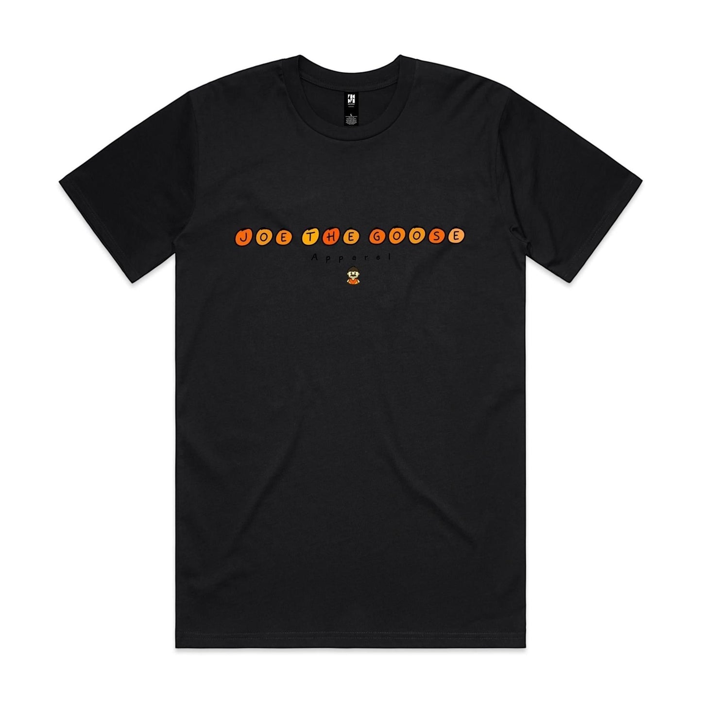 Joe the Goose Apparel black 100% combed cotton classic fit t-shirt with orange circular text logo and small goose graphic.