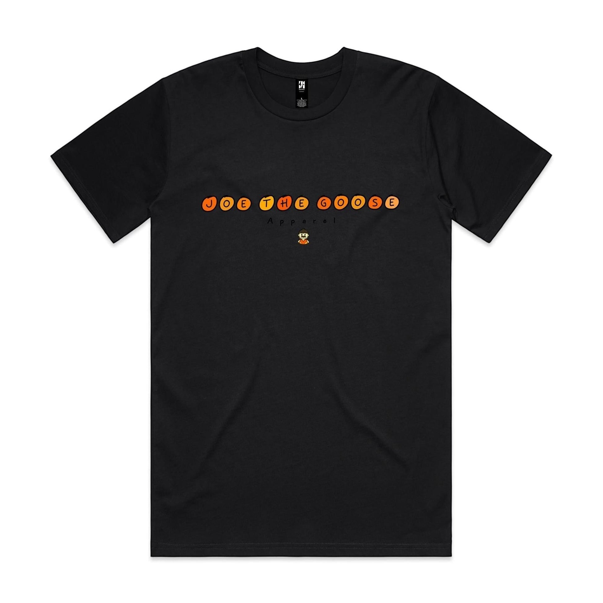 Joe the Goose Apparel black 100% combed cotton classic fit t-shirt with orange circular text logo and small goose graphic.
