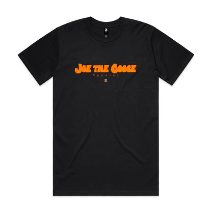 Joe the Goose Apparel black 100% combed cotton t-shirt with orange fat lettering logo and small goose graphic.