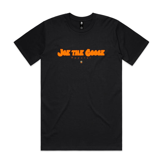 Joe the Goose Apparel black 100% combed cotton t-shirt with orange fat lettering logo and small goose graphic.