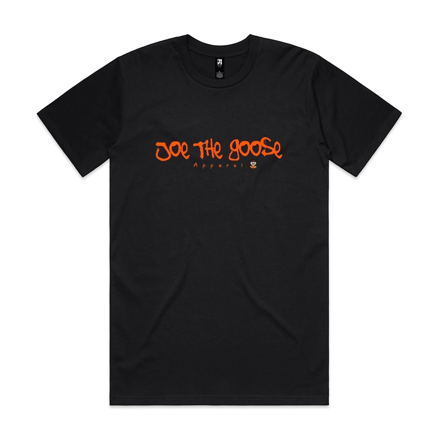 Joe the Goose Apparel black 100% combed cotton t-shirt with orange graffiti-style logo on chest.