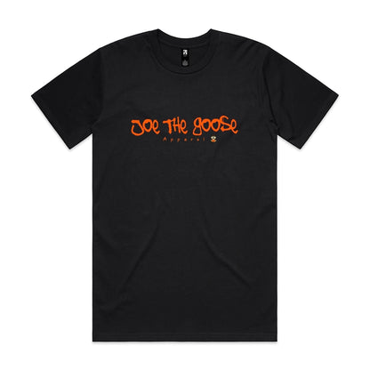 Joe the Goose Apparel black 100% combed cotton t-shirt with orange graffiti-style logo on chest.