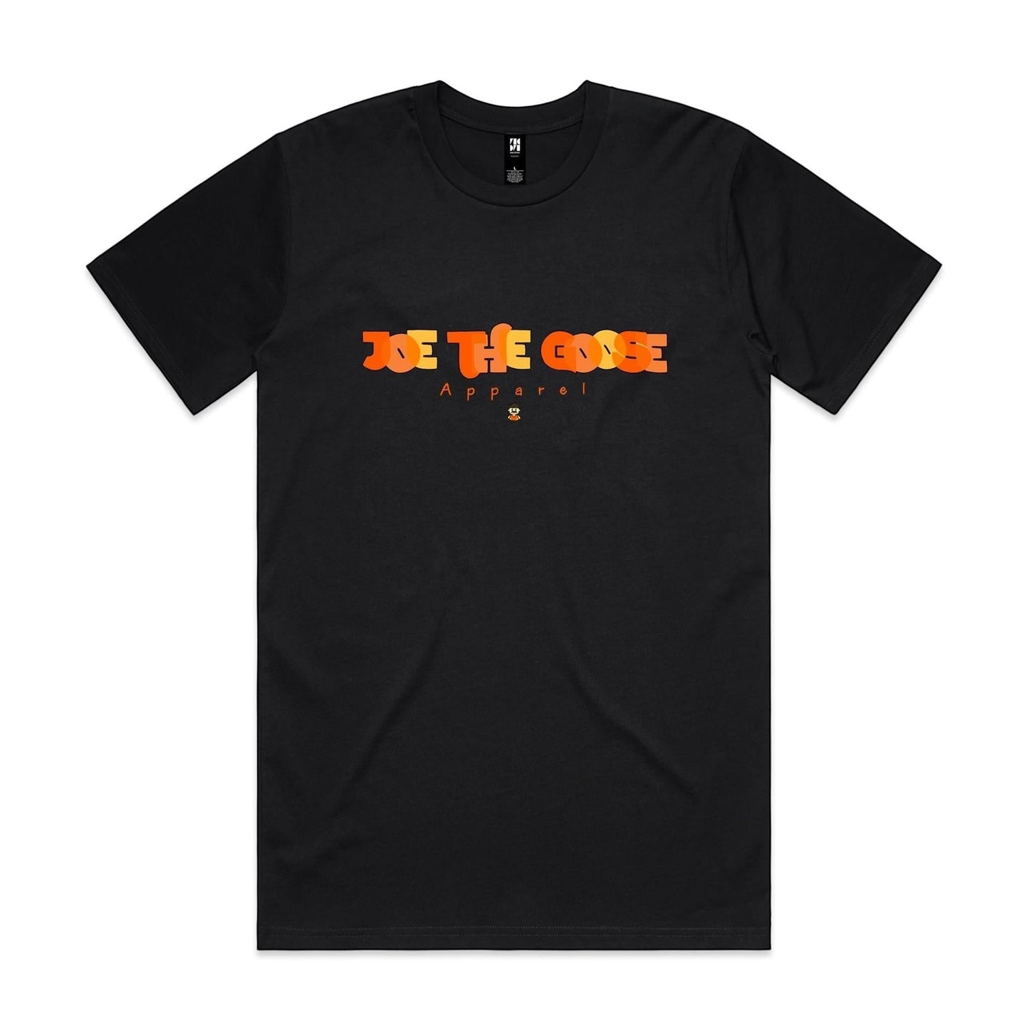 Joe the Goose Apparel black classic fit 100% cotton t-shirt with orange stained glass graphic logo.