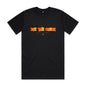 Joe the Goose Apparel black classic fit 100% cotton t-shirt with orange stained glass graphic logo.