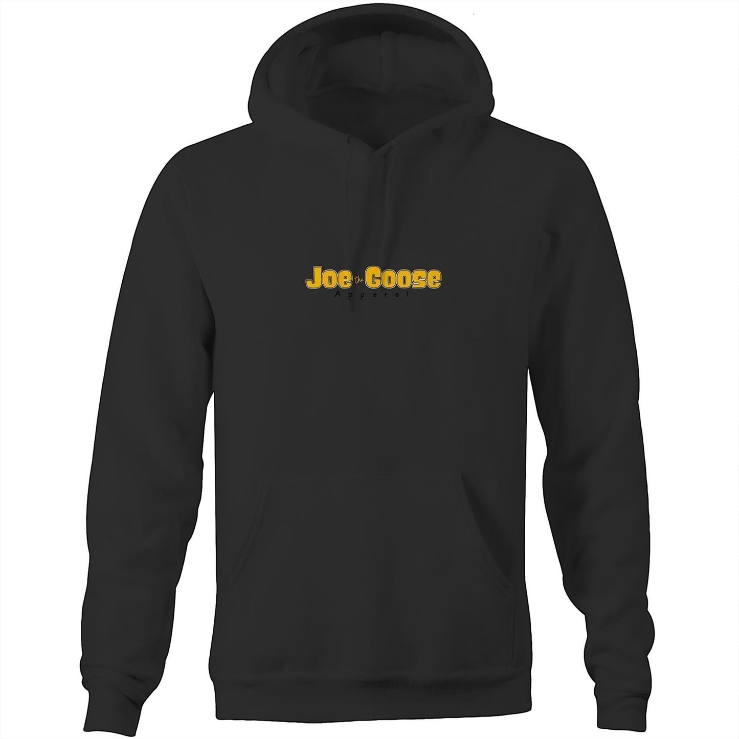 Joe the Goose Apparel black unisex pocket hoodie, 80% cotton 20% polyester fleece, with yellow and orange logo on chest.