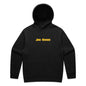 Joe the Goose Apparel black cotton polyester fleece hoodie with relaxed fit, drop shoulder, kangaroo pocket, and yellow logo.