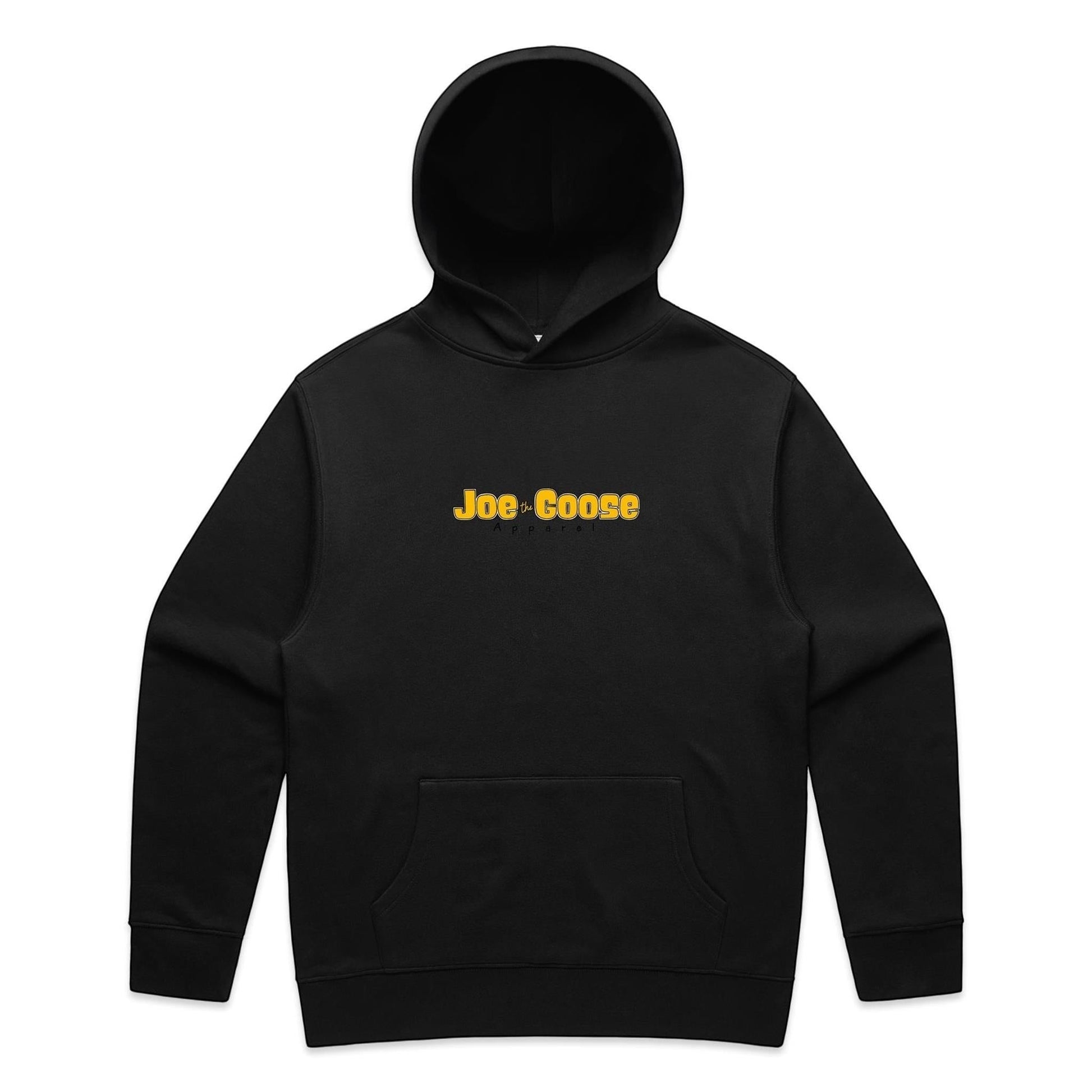 Joe the Goose Apparel black cotton blend pullover hoodie with kangaroo pocket and yellow logo.