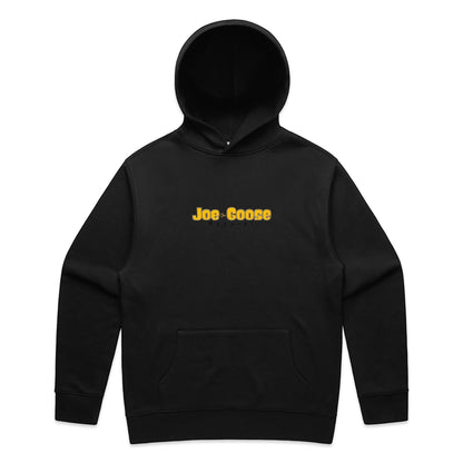 Joe the Goose Apparel black cotton blend pullover hoodie with kangaroo pocket and yellow logo.