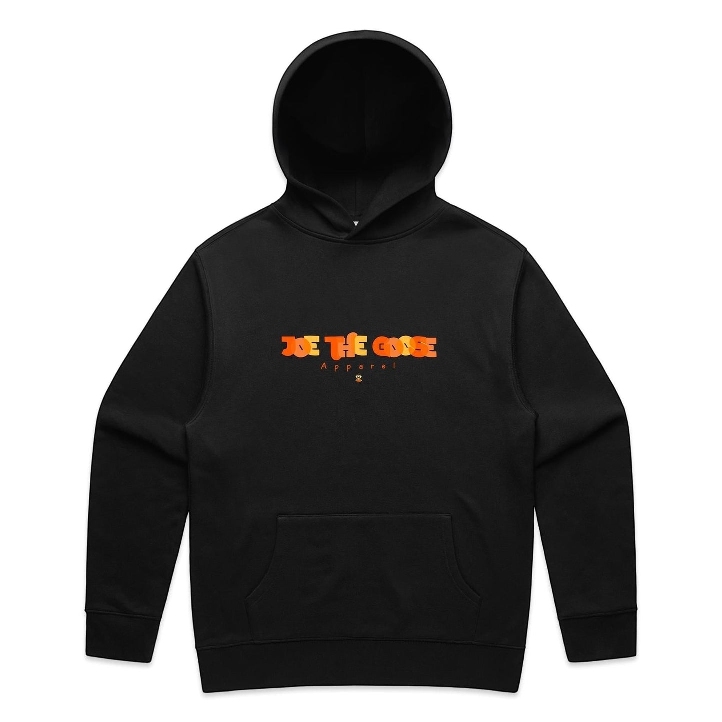 Joe the Goose Apparel black cotton blend relaxed fit hoodie with orange graphic logo and kangaroo pocket.