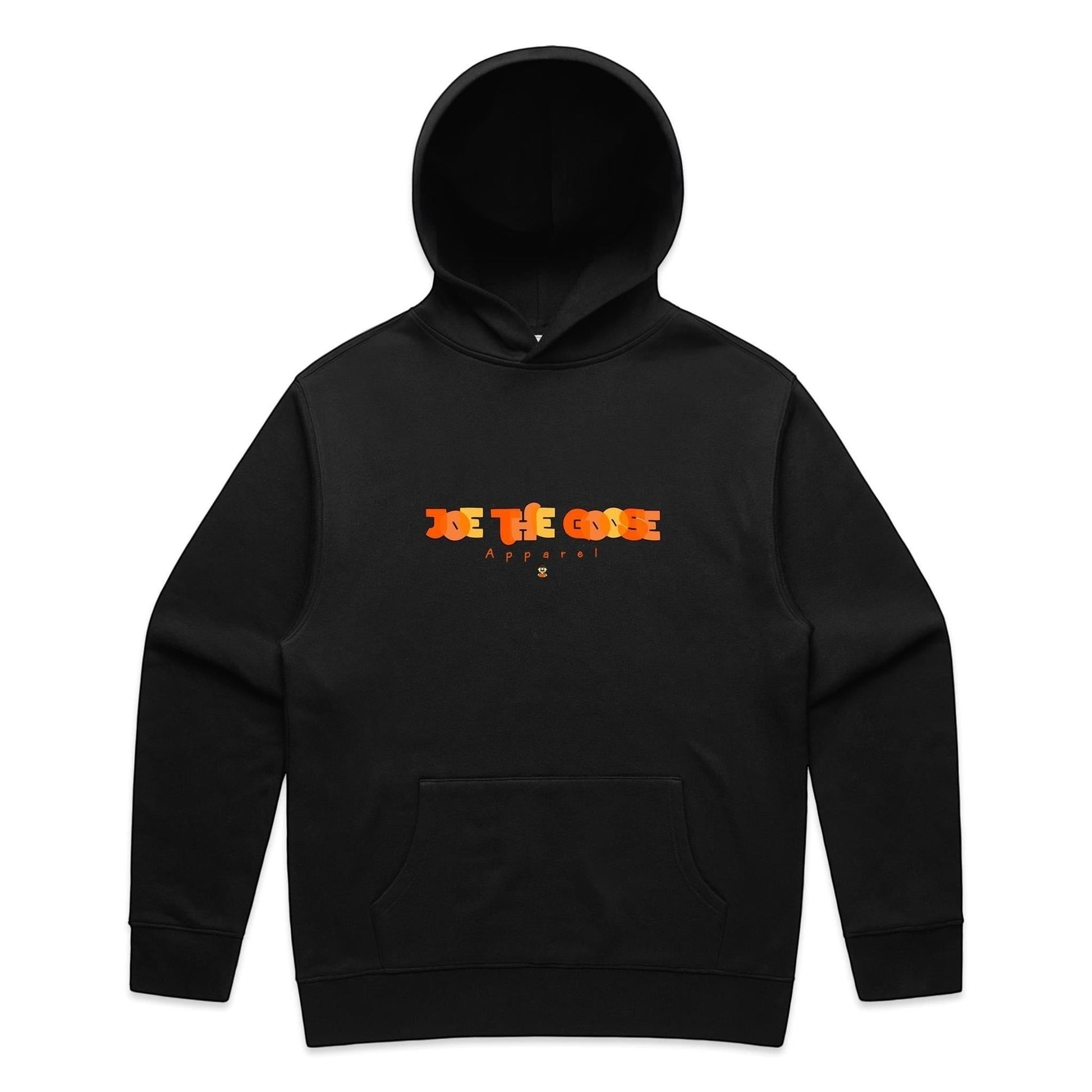 Joe the Goose Apparel black cotton blend relaxed fit hoodie with orange graphic logo and kangaroo pocket.