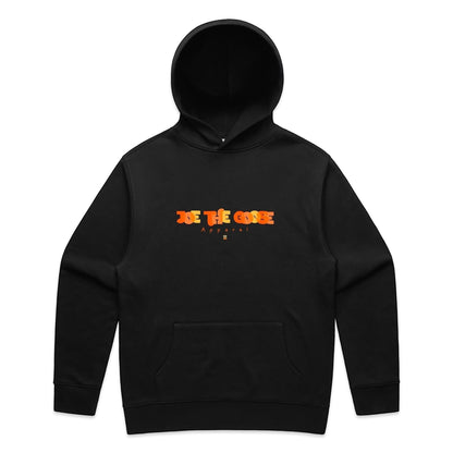 Joe the Goose Apparel black cotton blend relaxed fit hoodie with orange graphic logo and kangaroo pocket.
