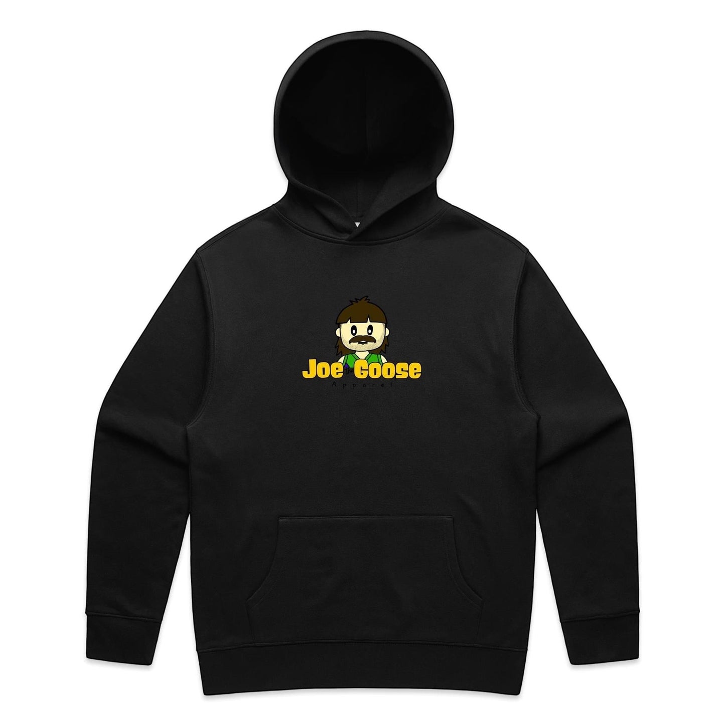 Joe the Goose Apparel black cotton blend relaxed fit hoodie with kangaroo pocket and cartoon logo.