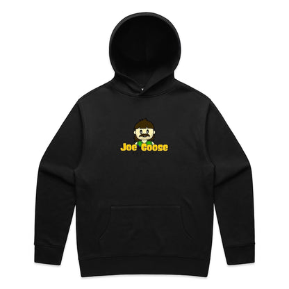 Joe the Goose Apparel black cotton blend relaxed fit hoodie with kangaroo pocket and cartoon logo.