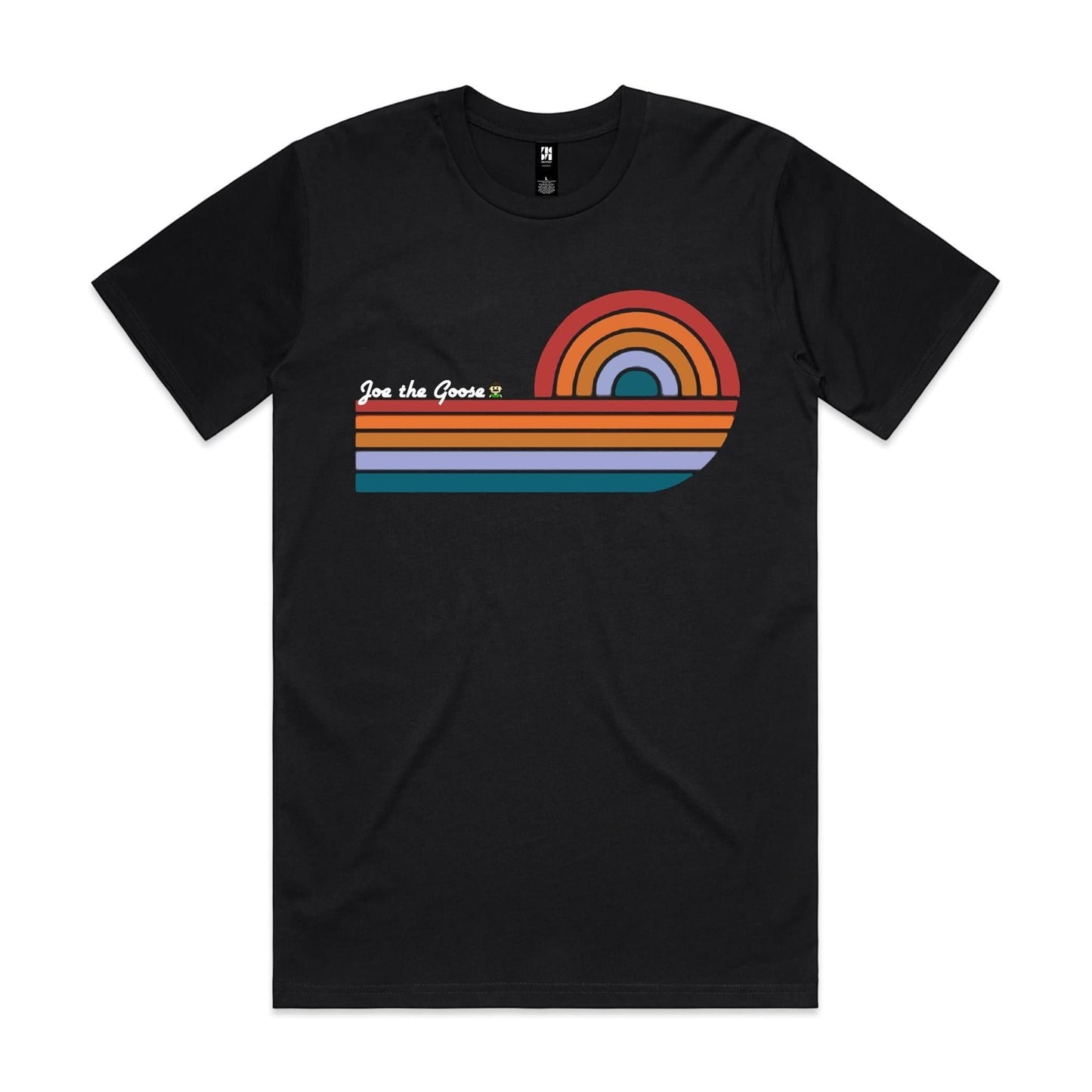 Joe the Goose Apparel black 100% combed cotton classic tee with retro wave graphic and "Joe the Goose" text.