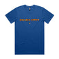 Joe the Goose Apparel blue 100% combed cotton classic fit t-shirt with orange circular text logo and small character graphic.