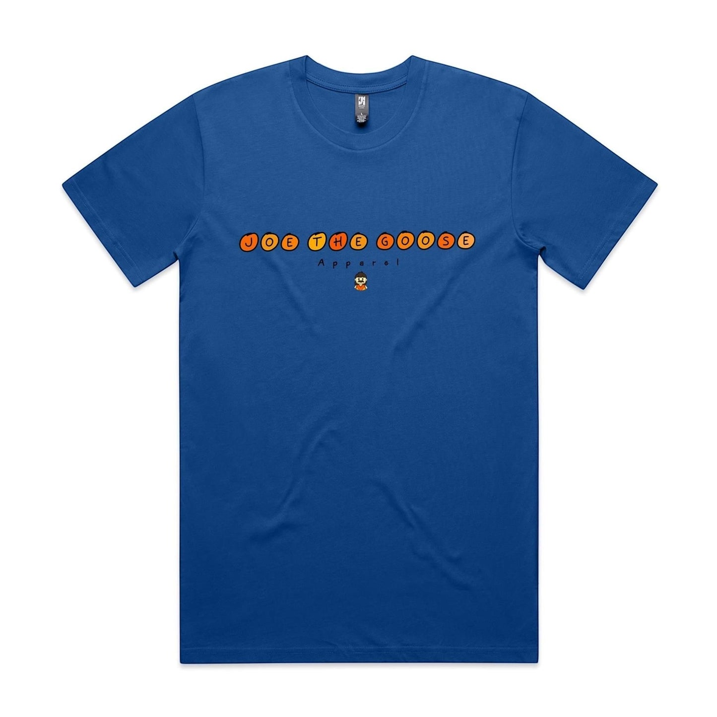 Joe the Goose Apparel blue 100% combed cotton classic fit t-shirt with orange circular text logo and small character graphic.