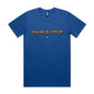 Joe the Goose Apparel blue 100% combed cotton classic fit t-shirt with orange circular text logo and small character graphic.