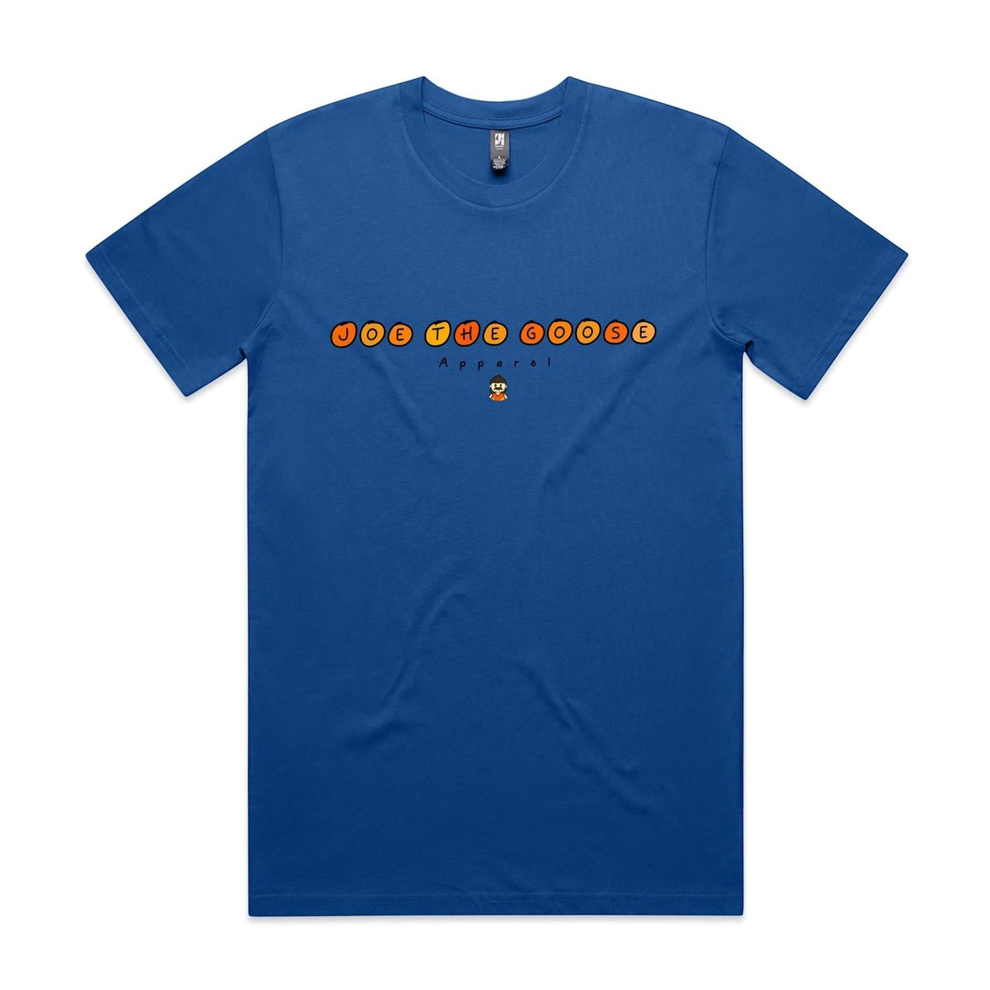 Joe the Goose Apparel blue 100% combed cotton classic fit t-shirt with orange circular text logo and small character graphic.