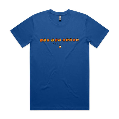 Joe the Goose Apparel blue 100% combed cotton classic fit t-shirt with orange circular text logo and small character graphic.