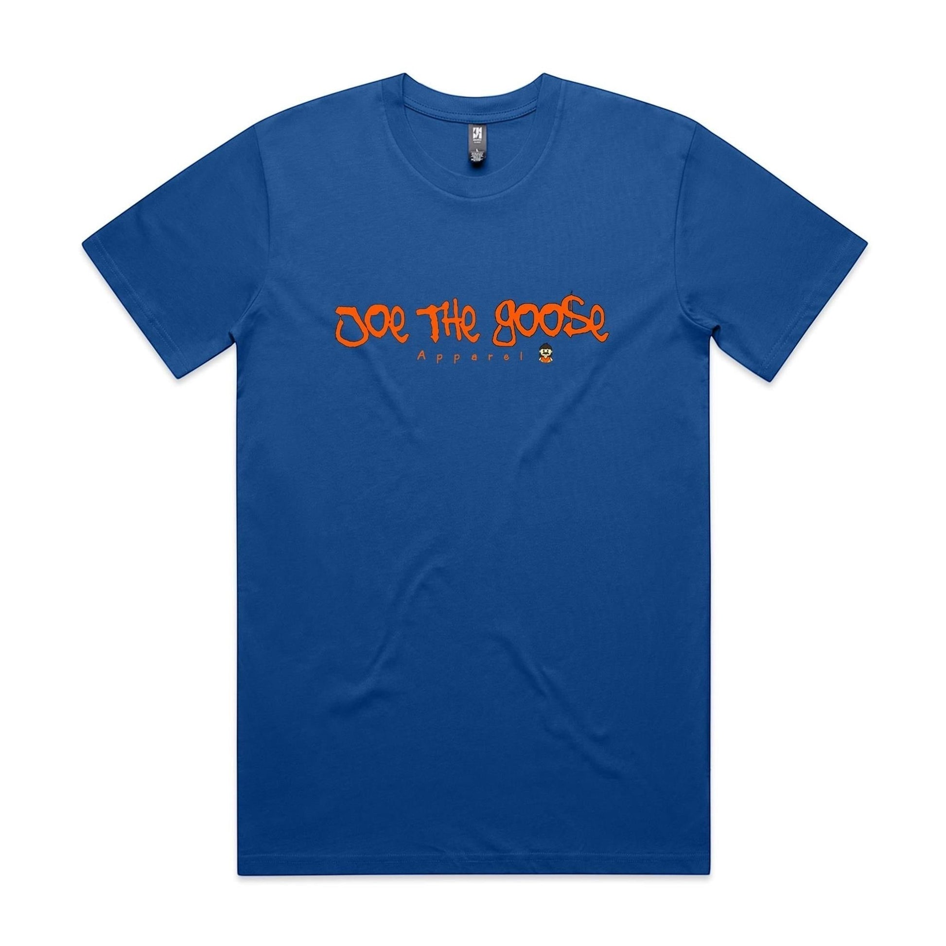 Joe the Goose Apparel blue 100% combed cotton t-shirt with orange graffiti logo.