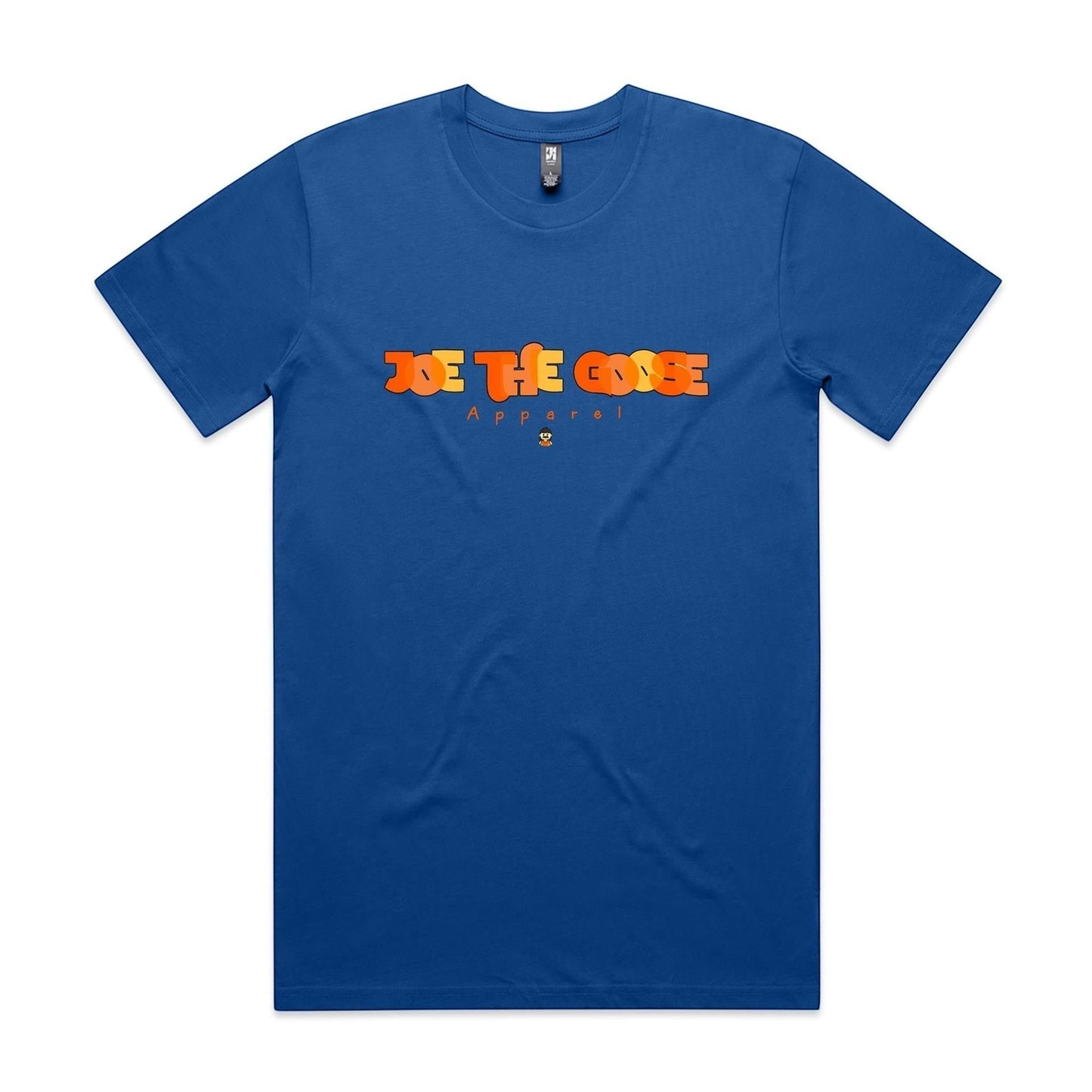 Joe the Goose Apparel blue cotton t-shirt with orange stained glass effect logo and small goose graphic.