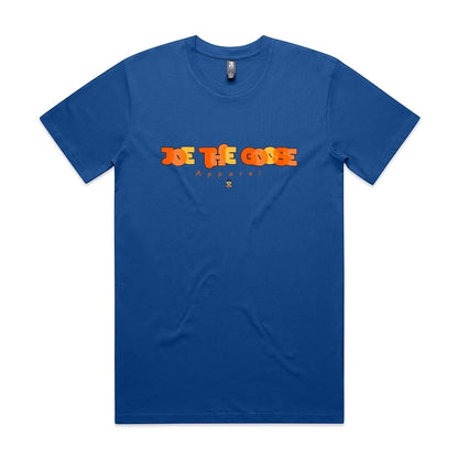 Joe the Goose Apparel blue cotton t-shirt with orange stained glass effect logo and small goose graphic.