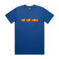 Joe the Goose Apparel blue cotton t-shirt with orange stained glass effect logo and small goose graphic.