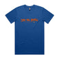 Joe the Goose Apparel blue 100% combed cotton t-shirt with orange graffiti logo and small goose graphic.