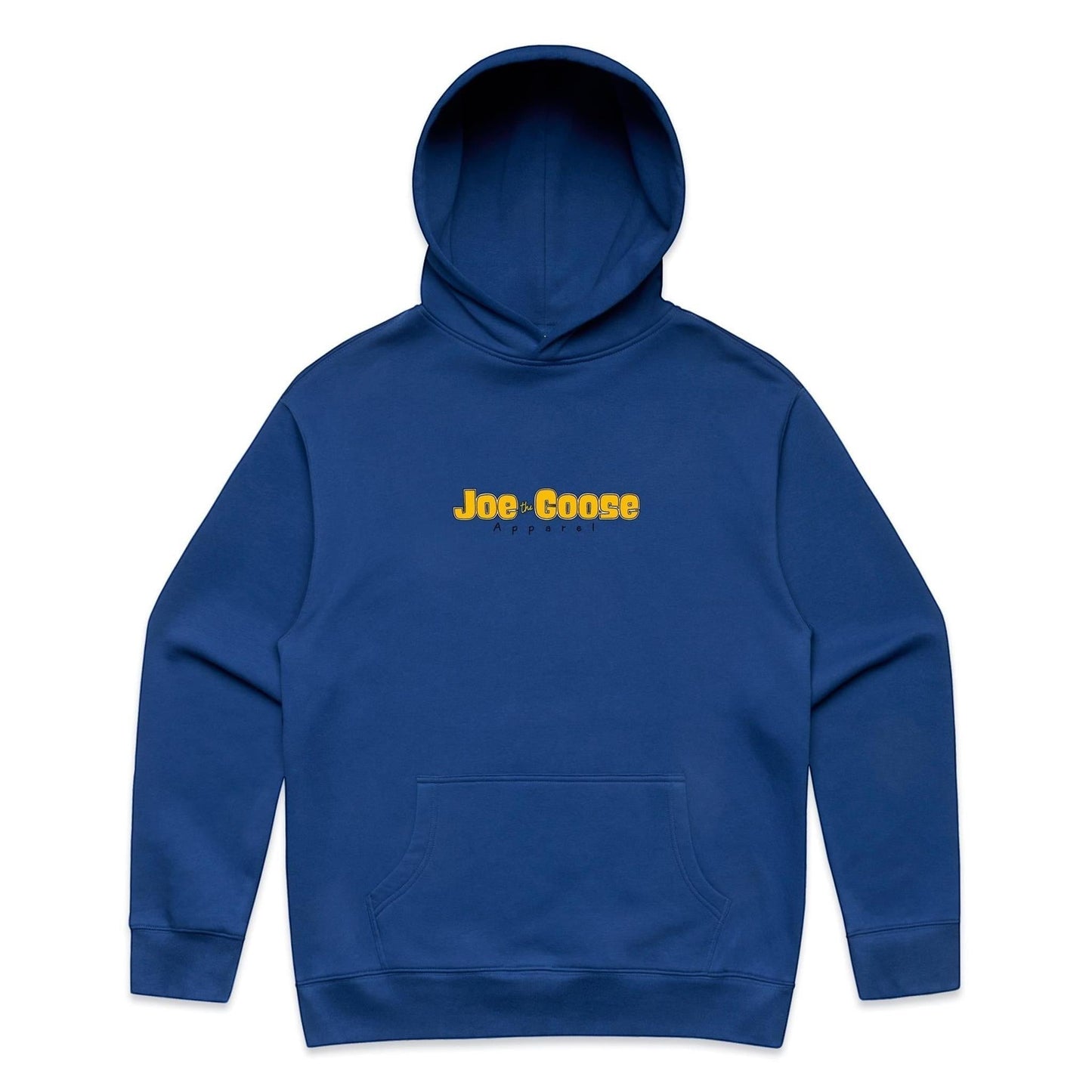 Joe the Goose Apparel blue cotton blend pullover hoodie with kangaroo pocket and logo