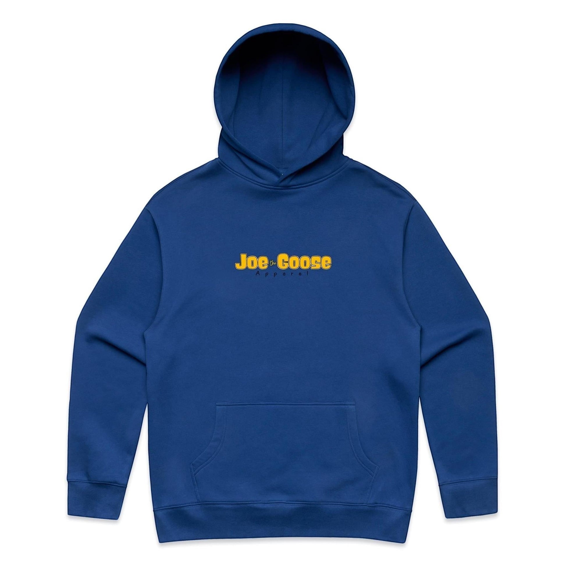 Joe the Goose Apparel blue cotton blend relaxed fit hoodie with kangaroo pocket and yellow logo