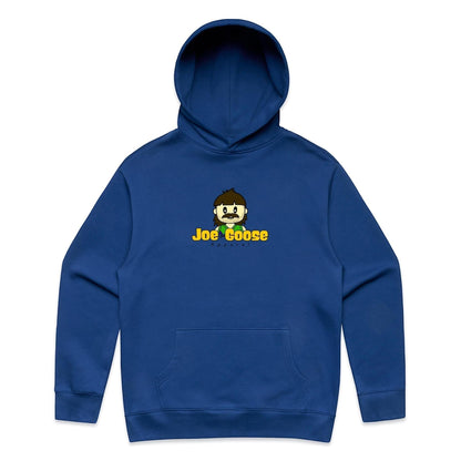 Joe the Goose Apparel royal blue cotton blend hooded sweatshirt with kangaroo pocket and cartoon logo.
