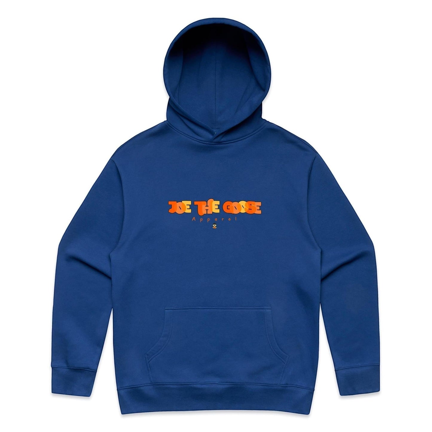 Joe the Goose Apparel blue cotton blend relaxed fit hooded sweatshirt with orange graphic logo on chest and kangaroo pocket.