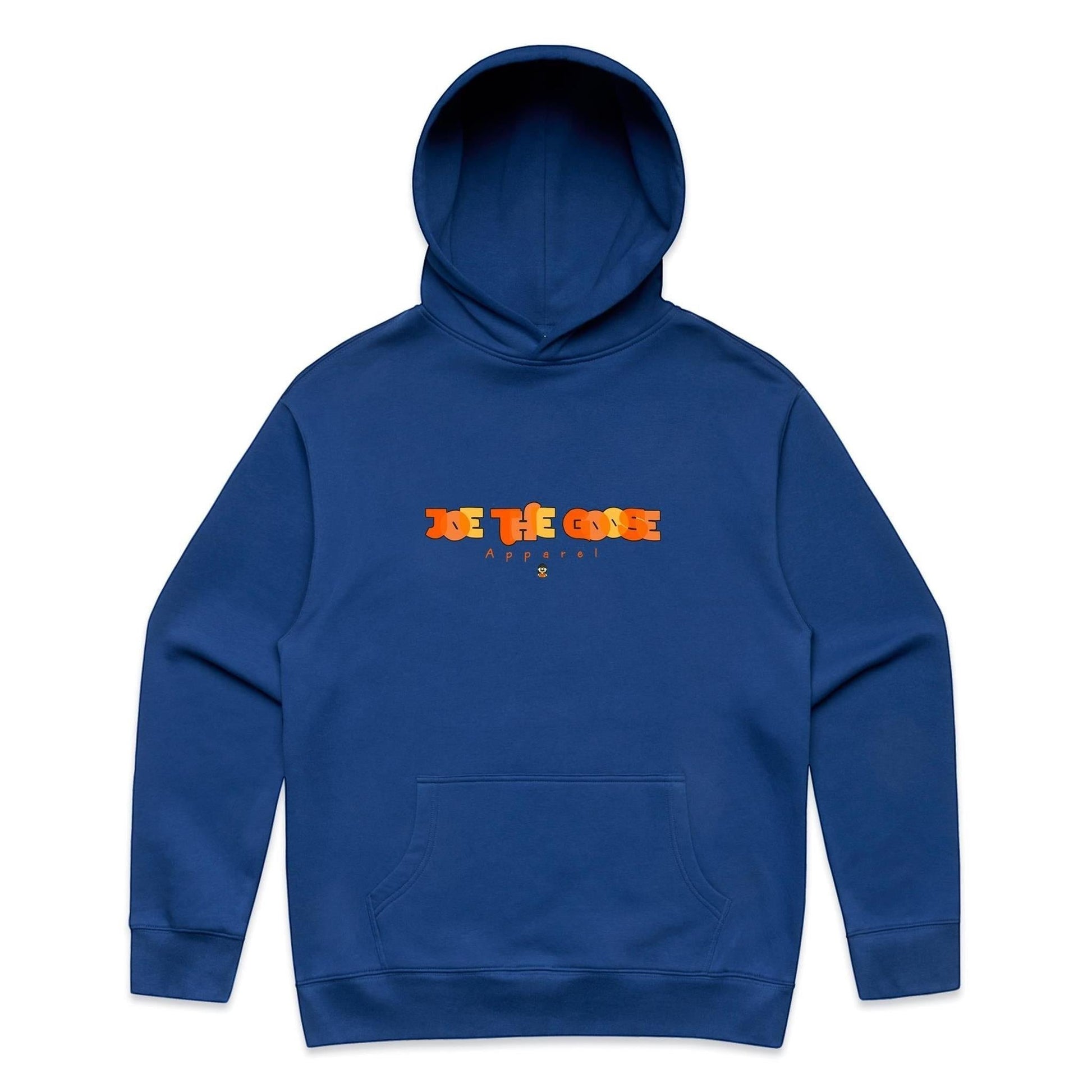 Joe the Goose Apparel blue cotton blend relaxed fit hooded sweatshirt with orange graphic logo on chest and kangaroo pocket.