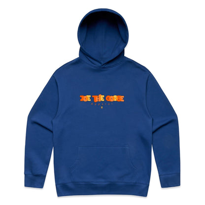 Joe the Goose Apparel blue cotton blend relaxed fit hooded sweatshirt with orange graphic logo on chest and kangaroo pocket.