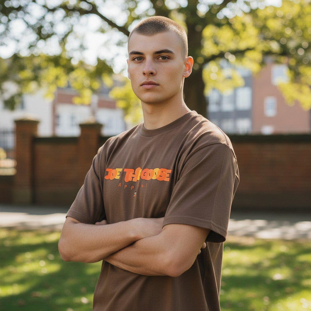 Man wearing a brown Joe the Goose Apparel heavy cotton t-shirt with orange logo, standing outdoors in a park.