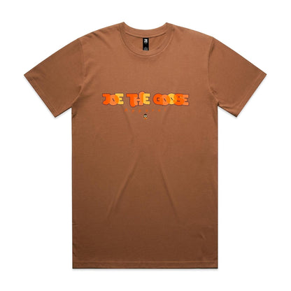 Joe the Goose Apparel brown 100% combed cotton classic fit t-shirt with orange and yellow stained glass goose graphic.