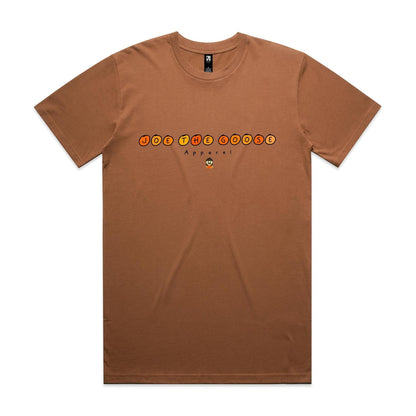 Joe the Goose Apparel brown 100% combed cotton classic fit t-shirt with orange and yellow circular text graphic and small character.