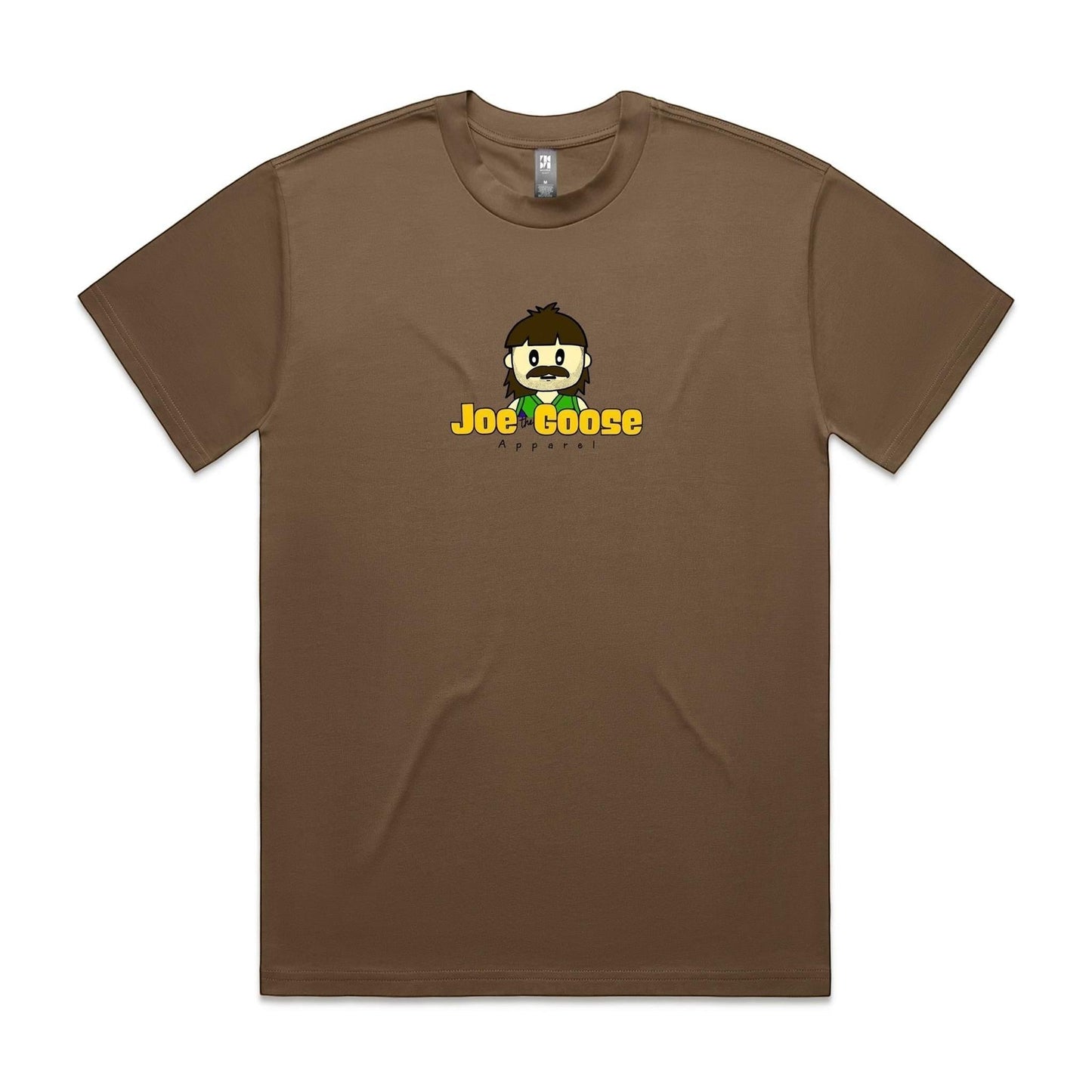 Joe the Goose Apparel brown heavy weight 100% cotton t-shirt with a cartoon character logo on the chest.