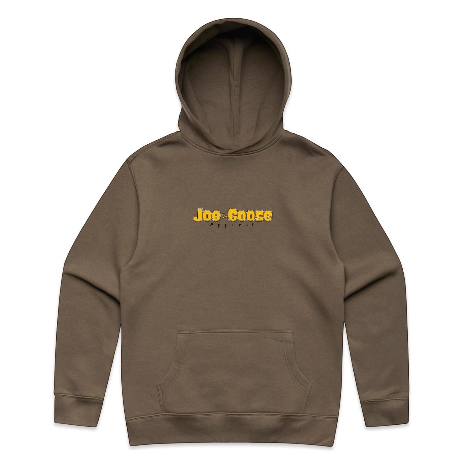 Joe the Goose Apparel brown cotton blend relaxed fit hoodie with front pocket and logo