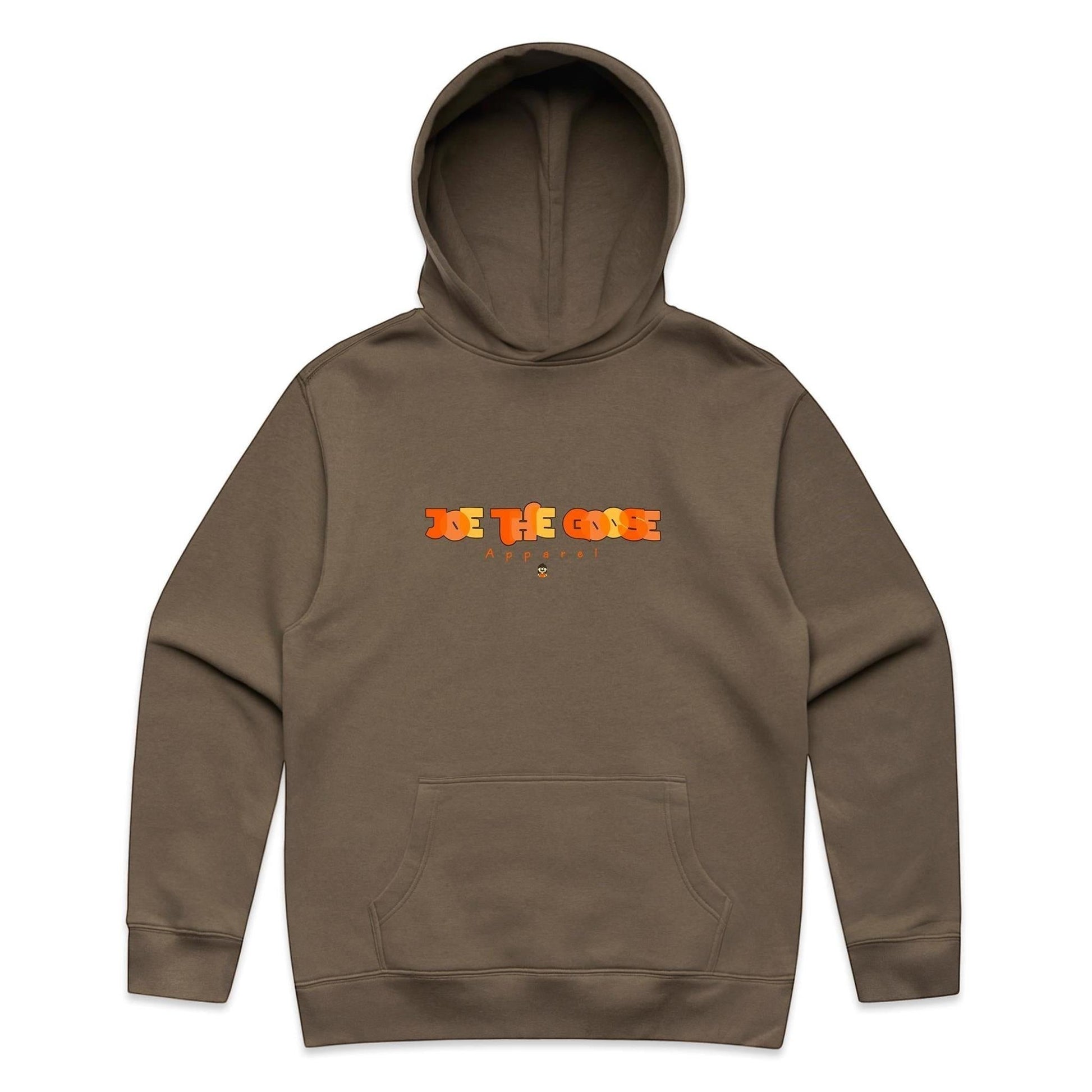 Joe the Goose Apparel brown cotton blend relaxed fit hooded sweatshirt with graphic logo on chest and kangaroo pocket.