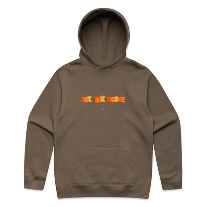 Joe the Goose Apparel brown cotton blend relaxed fit hooded sweatshirt with graphic logo on chest and kangaroo pocket.