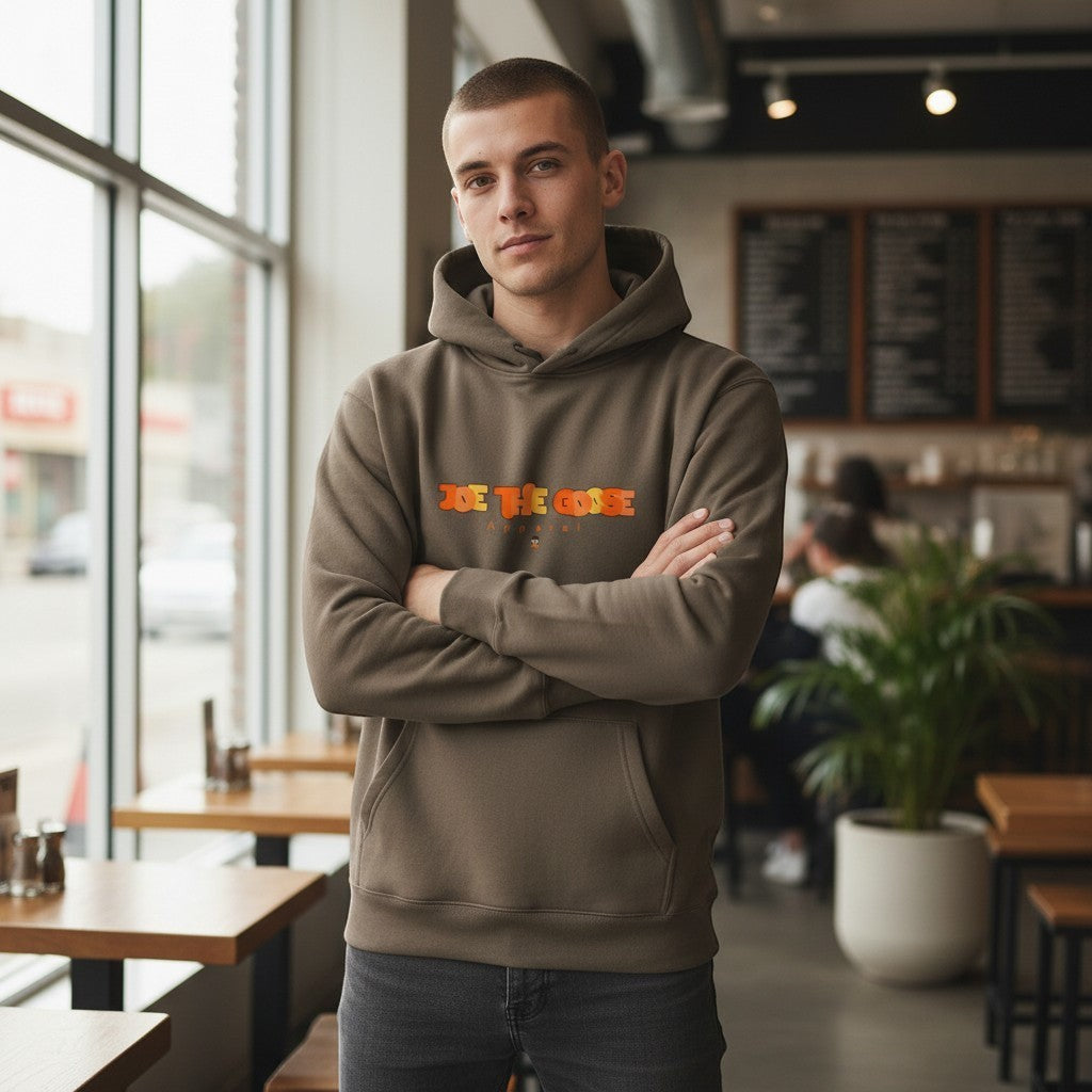 Joe the Goose Apparel brown cotton blend relaxed fit hoodie with graphic logo on chest.