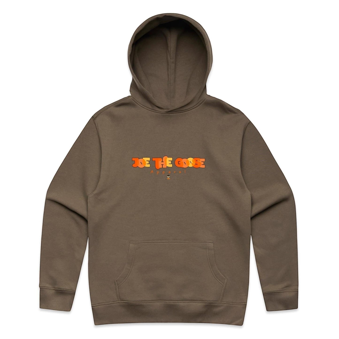 Joe the Goose Apparel brown cotton blend relaxed fit hoodie with graphic logo on chest and kangaroo pocket.