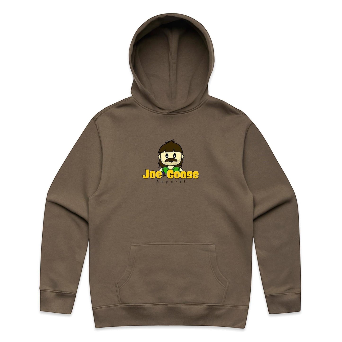 Joe the Goose Apparel brown cotton-blend relaxed fit hoodie with kangaroo pocket and embroidered logo.