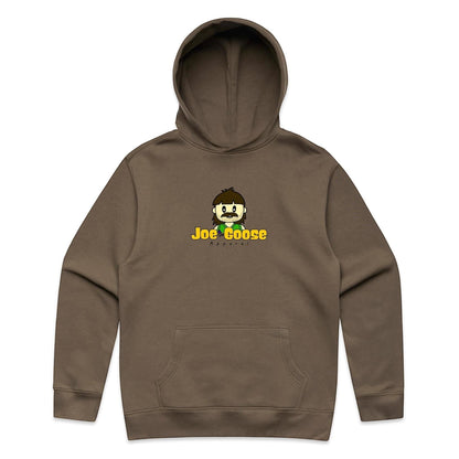 Joe the Goose Apparel brown cotton blend relaxed fit hoodie with kangaroo pocket and embroidered logo.