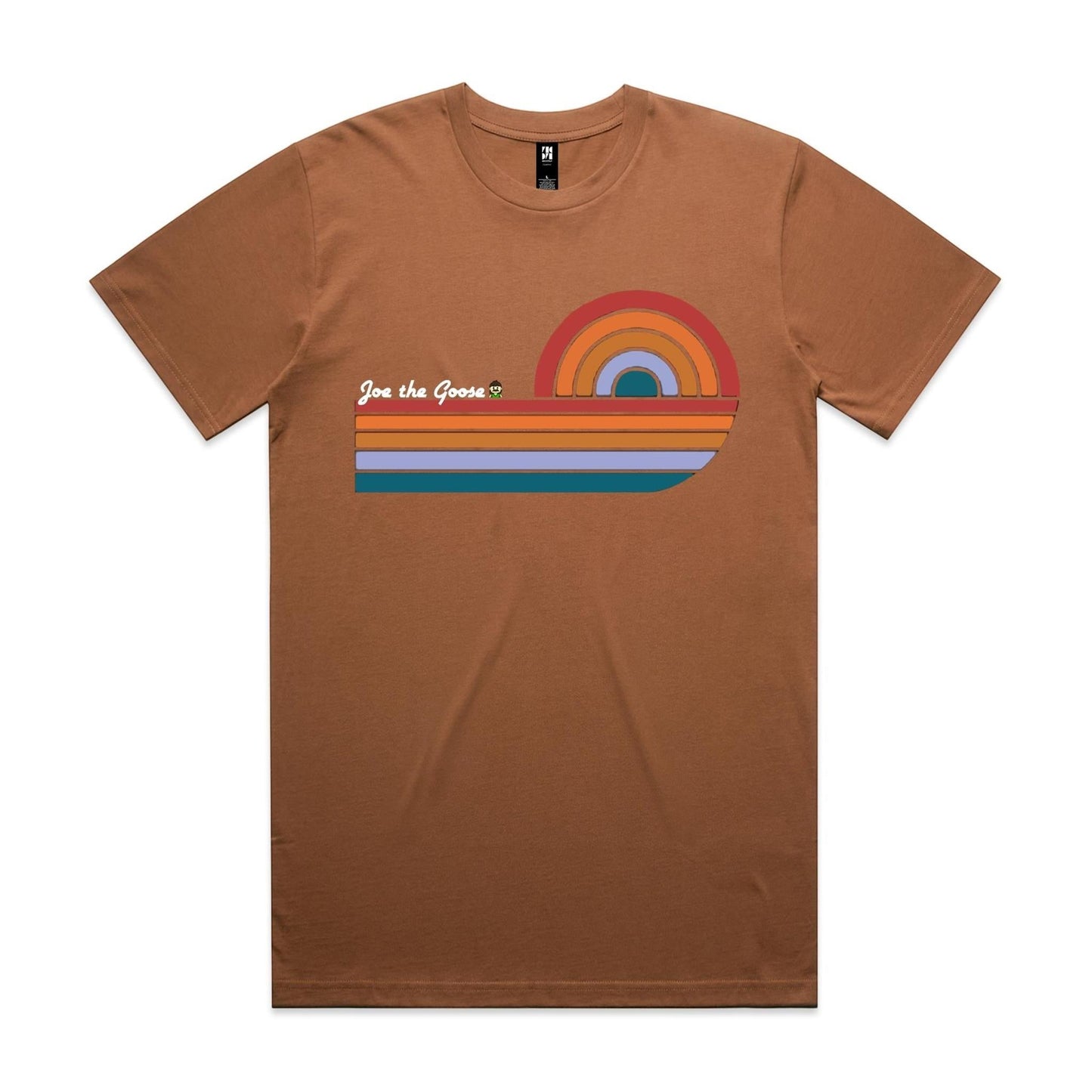 Joe the Goose Apparel brown 100% combed cotton classic fit tee with retro wave graphic and logo.