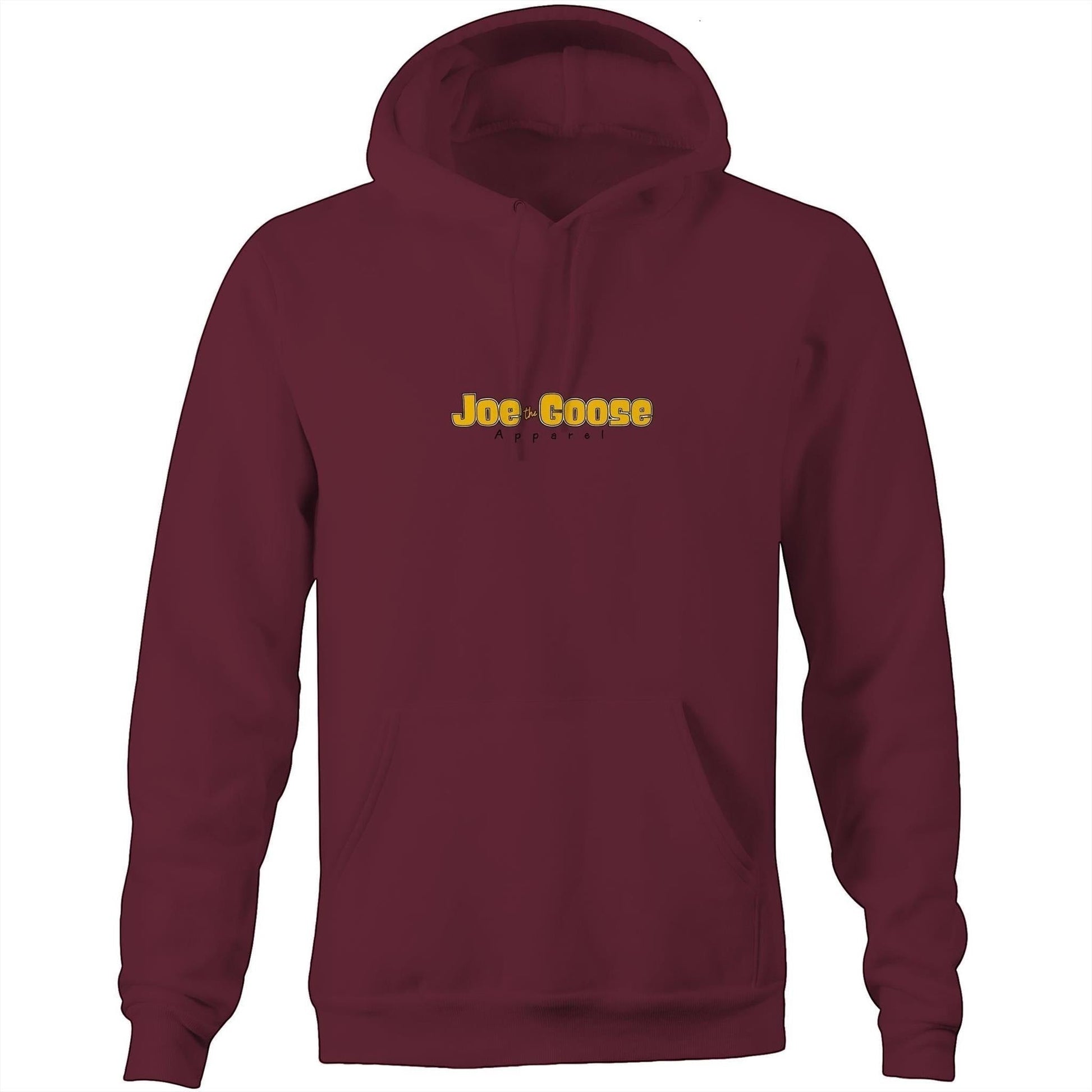Joe the Goose Apparel unisex burgundy pullover hoodie with kangaroo pocket and logo. 80% cotton, 20% polyester fleece.