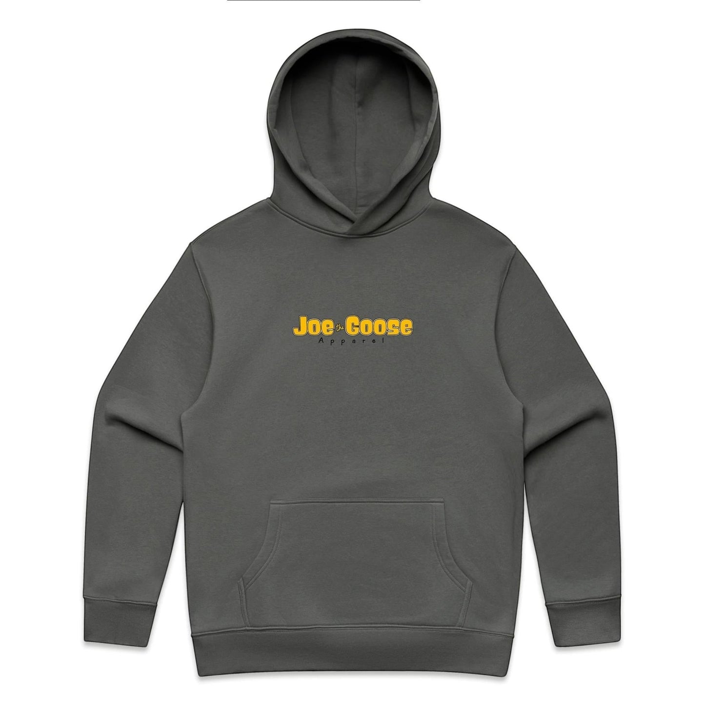 Joe the Goose Apparel charcoal grey cotton blend relaxed fit hooded sweatshirt with kangaroo pocket.